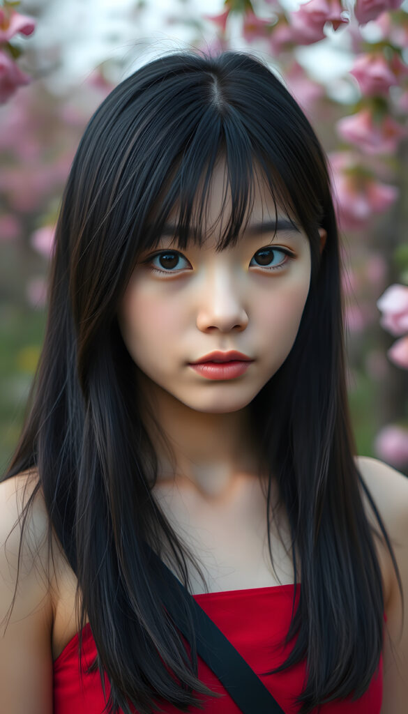 A captivating portrait of a youthful well busty teenage girl with smooth black long straight hair styled in delicate side-swept bangs, highlighting her expressive, piercing eyes. She wears a red sleek, cropped tank top that complements her delicate features. The scene is set against a vibrant spring backdrop, creating a serene and empathetic atmosphere. The focus is on her face, with soft, diffused lighting that accentuates her emotions and the intricate details of her appearance.