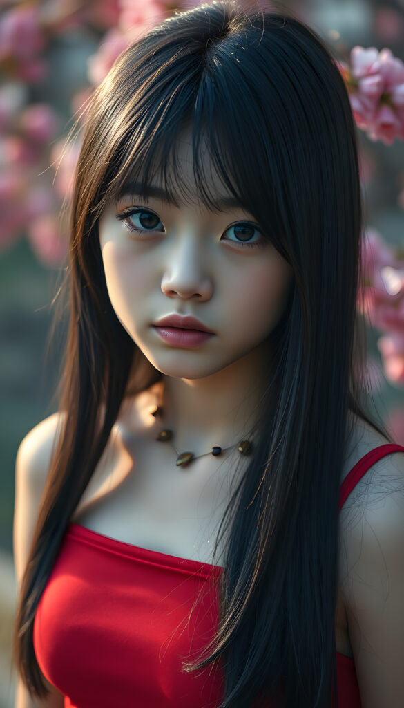 A captivating portrait of a youthful well busty teenage girl with smooth black long straight hair styled in delicate side-swept bangs, highlighting her expressive, piercing eyes. She wears a red sleek, cropped tank top that complements her delicate features. The scene is set against a vibrant spring backdrop, creating a serene and empathetic atmosphere. The focus is on her face, with soft, diffused lighting that accentuates her emotions and the intricate details of her appearance.