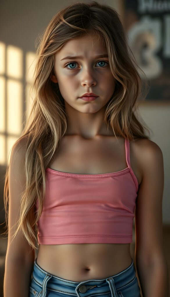 A captivating portrait of a young, stylish girl with long, wavy brown hair and blonde highlights, exuding a sense of sadness. She wears a short, pink tank top that accentuates her curves and blue denim jeans. Her expression is melancholic, her eyes glistening with emotion. The background is softly blurred, focusing attention on her. The lighting is warm and natural, casting gentle shadows that highlight her features. Her belly button is visible, adding to her youthful charm. The image is rendered in vivid colors, with a shallow depth of field to enhance the subject's presence.