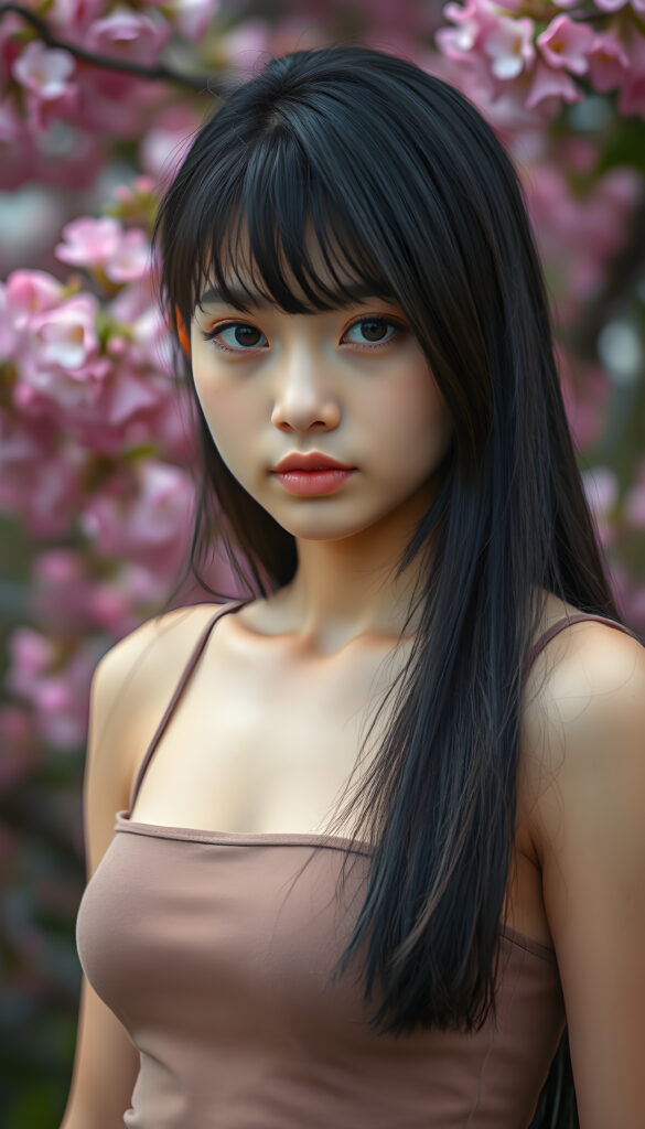A captivating portrait of a youthful teenage girl with shoulder-length, smooth black hair with brown straps styled in delicate side-swept bangs, highlighting her expressive, piercing eyes. She wears a sleek, cropped tank top that complements her delicate features. The scene is set against a vibrant spring backdrop, with cerry blooming flowers, creating a serene and empathetic atmosphere. The focus is on her face, with soft, diffused lighting that accentuates her emotions and the intricate details of her appearance.