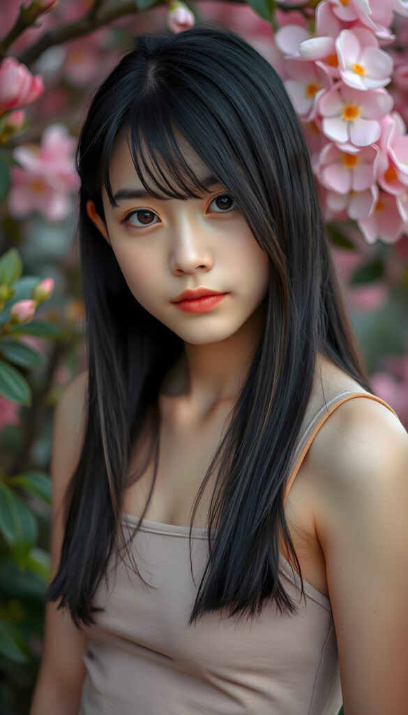 A captivating portrait of a youthful teenage girl with shoulder-length, smooth black hair with brown straps styled in delicate side-swept bangs, highlighting her expressive, piercing eyes. She wears a sleek, cropped tank top that complements her delicate features. The scene is set against a vibrant spring backdrop, with cerry blooming flowers, creating a serene and empathetic atmosphere. The focus is on her face, with soft, diffused lighting that accentuates her emotions and the intricate details of her appearance.