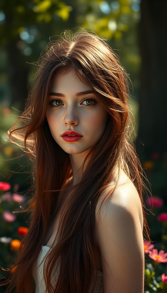 A captivating portrait of a young girl with long, flowing burgundy hair and strikingly detailed burgundy eyes that shimmer with an otherworldly intensity. Her pale skin contrasts beautifully with her vividly full lips, which are painted a deep, rich red. She stands in a sun-drenched park, surrounded by lush greenery and vibrant flowers, as a gentle breeze tousles her hair. The scene is bathed in warm, golden sunlight, casting soft shadows and highlighting the intricate details of her features. The image is rendered in 8K UHD, with enhanced clarity and depth, creating a hyper-realistic and ethereal atmosphere.