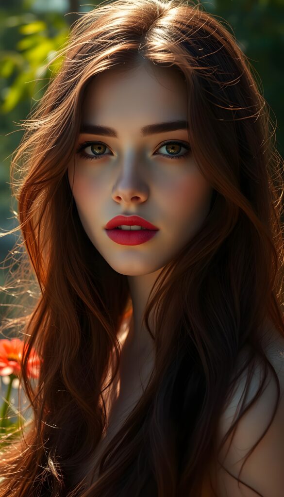 A captivating portrait of a young girl with long, flowing burgundy hair and strikingly detailed burgundy eyes that shimmer with an otherworldly intensity. Her pale skin contrasts beautifully with her vividly full lips, which are painted a deep, rich red. She stands in a sun-drenched park, surrounded by lush greenery and vibrant flowers, as a gentle breeze tousles her hair. The scene is bathed in warm, golden sunlight, casting soft shadows and highlighting the intricate details of her features. The image is rendered in 8K UHD, with enhanced clarity and depth, creating a hyper-realistic and ethereal atmosphere.