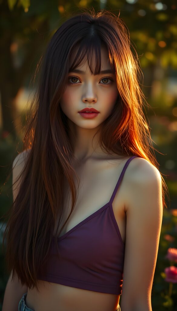 A captivating portrait of a young girl with long, flowing straight burgundy hair, her hair falls down to her shoulder and strikingly detailed burgundy eyes that shimmer with an otherworldly intensity. Her pale skin contrasts beautifully with her vividly full lips, which are painted a deep, rich red. She stands in a sun-drenched park, surrounded by lush greenery and vibrant flowers, as a gentle breeze tousles her hair. The scene is bathed in warm, golden sunlight, casting soft shadows and highlighting the intricate details of her features. The image is rendered in 8K UHD, with enhanced clarity and depth, creating a hyper-realistic and ethereal atmosphere. She wears a purple cropped spaghetti tank top, deep v-neck. Seductive. View from the side. Sun kissed skin.