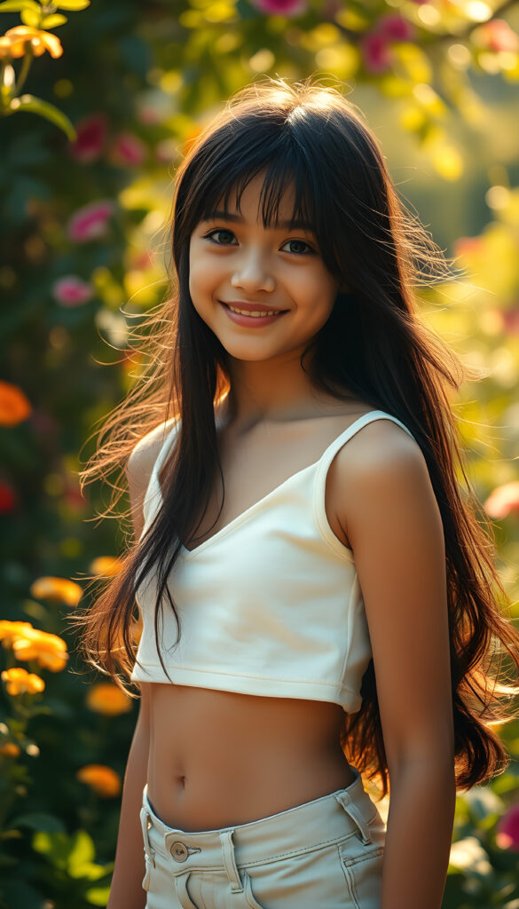 A captivating scene featuring a young girl with flowing jet-black hair that cascades down her back, her eyes wide and expressive, dressed in a plain, white cropped tank top, deep v-neck that subtly reveals her figure. The setting is an enchanting garden bathed in soft, golden sunlight, with vibrant flowers and lush greenery framing the composition. The girl stands confidently, her pose playful and graceful, her gaze directed towards the viewer with a warm, inviting smile. The lighting highlights her delicate features and the texture of her hair, creating a harmonious blend of realism and artistic flair. The overall atmosphere is serene and uplifting, ideal for a magical and imaginative portrayal.