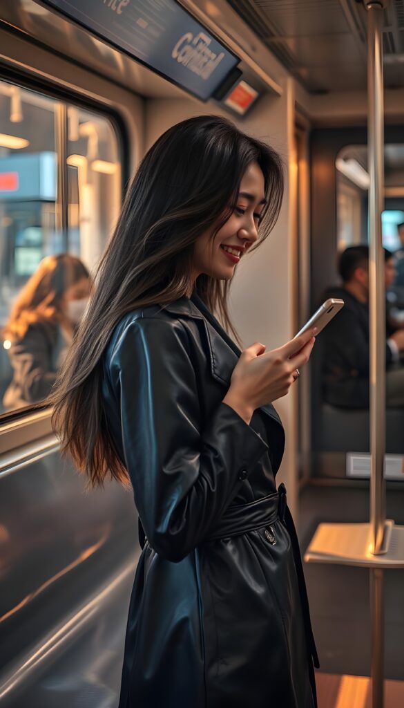 A captivating scene on a futuristic subway train features a 20-something woman with long, flowing dark hair, exuding confidence and elegance. She's elegantly dressed in a sleek, black leather trench coat that accentuates her feminine figure. Her delicate East Asian features are beautifully highlighted by the warm, golden lighting, casting a soft glow on her joyful smile as she stares intently at her smartphone. The subway interior is sleek and modern, with sleek gray seats and a large window revealing a bustling cityscape. She stands, and the reflection in the window shows other passengers in a blur, adding to the dynamic atmosphere. The composition is vibrant, with a blend of natural and artificial lighting, creating a harmonious and intriguing visual experience, side view