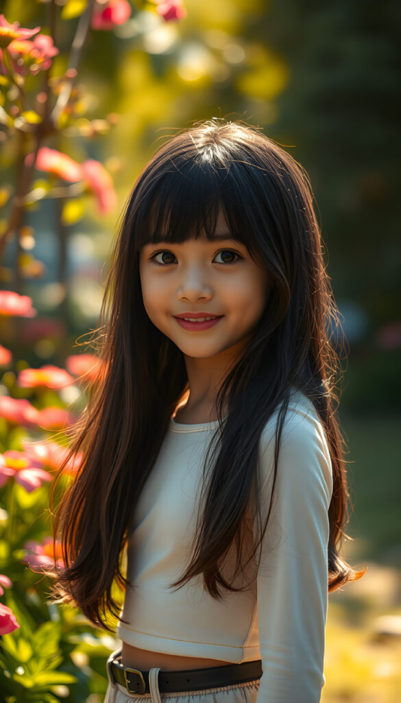 A captivating scene featuring a young girl with flowing jet-black hair that cascades down her back, her eyes wide and expressive, dressed in a plain, form-fitting white top that subtly reveals her figure. The setting is an enchanting garden bathed in soft, golden sunlight, with vibrant flowers and lush greenery framing the composition. The girl stands confidently, her pose playful and graceful, her gaze directed towards the viewer with a warm, inviting smile. The lighting highlights her delicate features and the texture of her hair, creating a harmonious blend of realism and artistic flair. The overall atmosphere is serene and uplifting, ideal for a magical and imaginative portrayal.