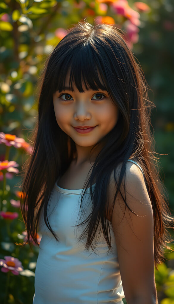 A captivating scene featuring a young girl with flowing jet-black hair that cascades down her back, her eyes wide and expressive, dressed in a plain, form-fitting white top that subtly reveals her figure. The setting is an enchanting garden bathed in soft, golden sunlight, with vibrant flowers and lush greenery framing the composition. The girl stands confidently, her pose playful and graceful, her gaze directed towards the viewer with a warm, inviting smile. The lighting highlights her delicate features and the texture of her hair, creating a harmonious blend of realism and artistic flair. The overall atmosphere is serene and uplifting, ideal for a magical and imaginative portrayal.
