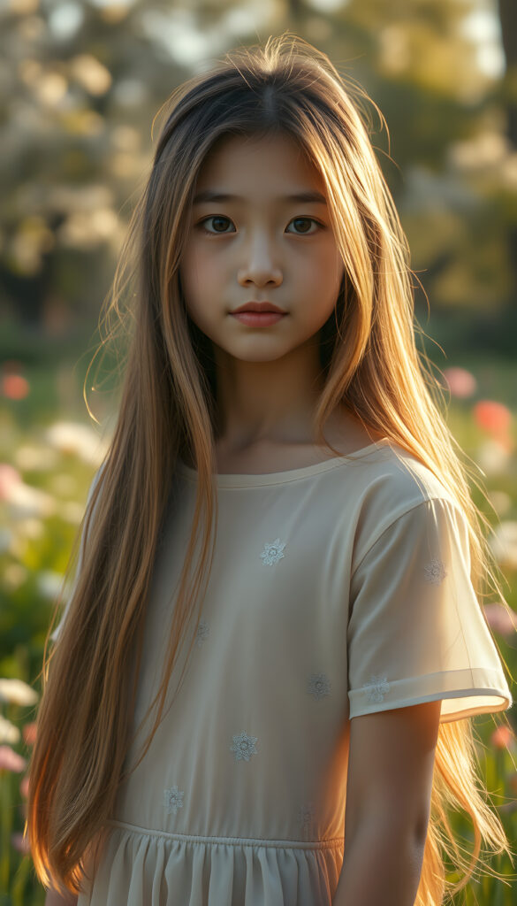 A captivating scene of a young girl named Yuna, embodying the essence of "Natural Beauty." She stands gracefully in a lush, spring meadow, her long, flowing hair cascading like a golden waterfall with the same length right and left.. Her youthful complexion glows with a warm, inviting radiance, and her perfectly detailed eyes sparkle with innocence. She wears a delicate, translucent t-shirt that highlights her slender frame and graceful posture. The setting is a vibrant spring landscape, with blooming flowers and soft, golden sunlight filtering through the trees, casting a dreamy, ethereal glow. The image is richly detailed, capturing the intricate texture of her hair and the intricate patterns on her dress, evoking a sense of serene beauty and wonder.