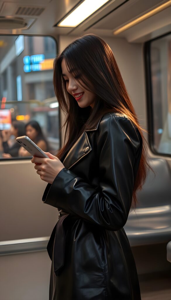 A captivating scene on a futuristic subway train features a 20-something woman with long, flowing dark hair, exuding confidence and elegance. She's elegantly dressed in a sleek, black leather trench coat that accentuates her feminine figure. Her delicate East Asian features are beautifully highlighted by the warm, golden lighting, casting a soft glow on her joyful smile as she stares intently at her smartphone. The subway interior is sleek and modern, with sleek gray seats and a large window revealing a bustling cityscape. She stands, and the reflection in the window shows other passengers in a blur, adding to the dynamic atmosphere. The composition is vibrant, with a blend of natural and artificial lighting, creating a harmonious and intriguing visual experience, side view
