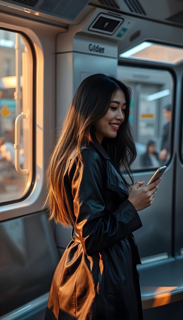 A captivating scene on a futuristic subway train features a 20-something woman with long, flowing dark hair, exuding confidence and elegance. She's elegantly dressed in a sleek, black leather trench coat that accentuates her feminine figure. Her delicate East Asian features are beautifully highlighted by the warm, golden lighting, casting a soft glow on her joyful smile as she stares intently at her smartphone. The subway interior is sleek and modern, with sleek gray seats and a large window revealing a bustling cityscape. She stands, and the reflection in the window shows other passengers in a blur, adding to the dynamic atmosphere. The composition is vibrant, with a blend of natural and artificial lighting, creating a harmonious and intriguing visual experience, side view