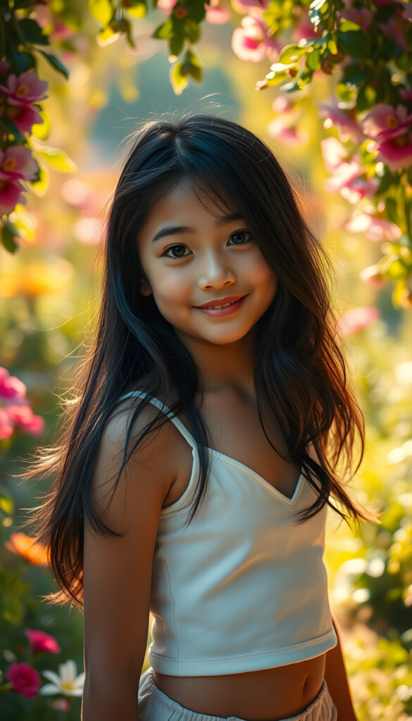 A captivating scene featuring a young girl with flowing jet-black hair that cascades down her back, her eyes wide and expressive, dressed in a plain, white cropped tank top, deep v-neck that subtly reveals her figure. The setting is an enchanting garden bathed in soft, golden sunlight, with vibrant flowers and lush greenery framing the composition. The girl stands confidently, her pose playful and graceful, her gaze directed towards the viewer with a warm, inviting smile. The lighting highlights her delicate features and the texture of her hair, creating a harmonious blend of realism and artistic flair. The overall atmosphere is serene and uplifting, ideal for a magical and imaginative portrayal.