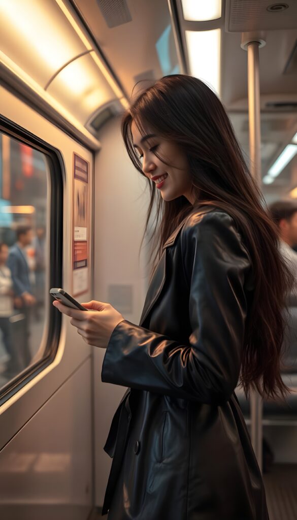 A captivating scene on a futuristic subway train features a 20-something woman with long, flowing dark hair, exuding confidence and elegance. She's elegantly dressed in a sleek, black leather trench coat that accentuates her feminine figure. Her delicate East Asian features are beautifully highlighted by the warm, golden lighting, casting a soft glow on her joyful smile as she stares intently at her smartphone. The subway interior is sleek and modern, with sleek gray seats and a large window revealing a bustling cityscape. She stands, and the reflection in the window shows other passengers in a blur, adding to the dynamic atmosphere. The composition is vibrant, with a blend of natural and artificial lighting, creating a harmonious and intriguing visual experience, side view