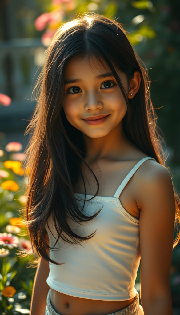 A captivating scene featuring a young girl with flowing jet-black hair that cascades down her back, her eyes wide and expressive, dressed in a plain, form-fitting white cropped tank top that subtly reveals her figure. The setting is an enchanting garden bathed in soft, golden sunlight, with vibrant flowers and lush greenery framing the composition. The girl stands confidently, her pose playful and graceful, her gaze directed towards the viewer with a warm, inviting smile. The lighting highlights her delicate features and the texture of her hair, creating a harmonious blend of realism and artistic flair. The overall atmosphere is serene and uplifting, ideal for a magical and imaginative portrayal.