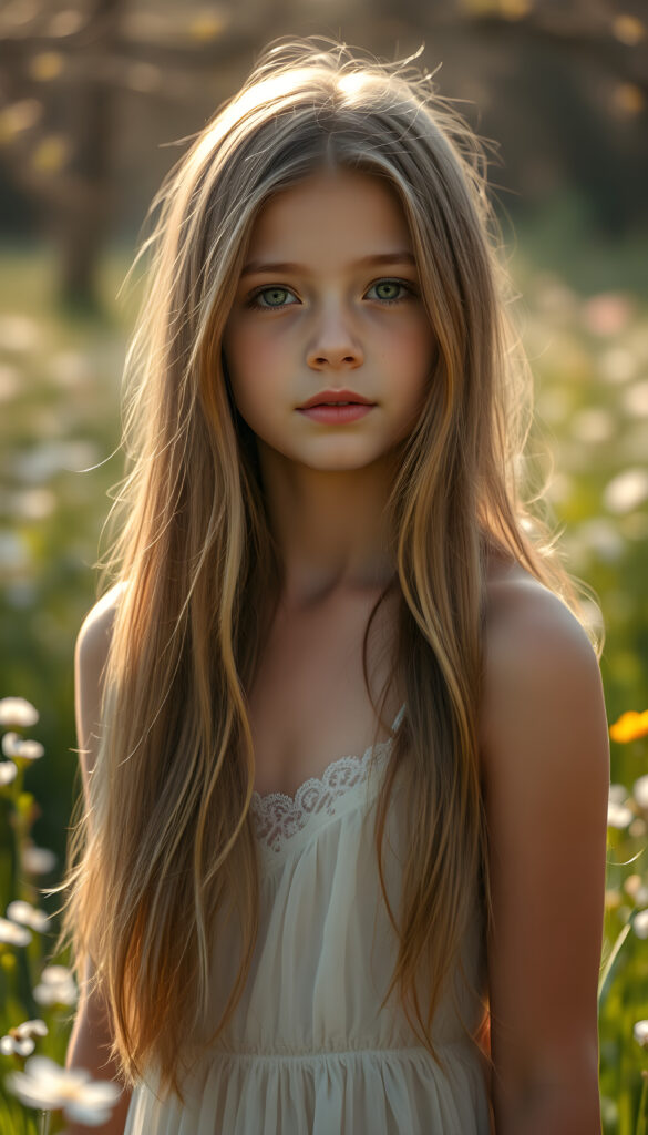 A captivating scene of a young girl named Yuna, embodying the essence of "Natural Beauty." She stands gracefully in a lush, spring meadow, her long, flowing hair cascading like a golden waterfall with the same length right and left.. Her youthful complexion glows with a warm, inviting radiance, and her perfectly detailed eyes sparkle with innocence. She wears a delicate, translucent t-shirt that highlights her slender frame and graceful posture. The setting is a vibrant spring landscape, with blooming flowers and soft, golden sunlight filtering through the trees, casting a dreamy, ethereal glow. The image is richly detailed, capturing the intricate texture of her hair and the intricate patterns on her dress, evoking a sense of serene beauty and wonder.