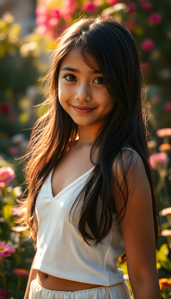 A captivating scene featuring a young girl with flowing jet-black hair that cascades down her back, her eyes wide and expressive, dressed in a plain, white cropped tank top, deep v-neck that subtly reveals her figure. The setting is an enchanting garden bathed in soft, golden sunlight, with vibrant flowers and lush greenery framing the composition. The girl stands confidently, her pose playful and graceful, her gaze directed towards the viewer with a warm, inviting smile. The lighting highlights her delicate features and the texture of her hair, creating a harmonious blend of realism and artistic flair. The overall atmosphere is serene and uplifting, ideal for a magical and imaginative portrayal.