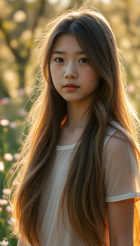 A captivating scene of a young girl named Yuna, embodying the essence of "Natural Beauty." She stands gracefully in a lush, spring meadow, her long, flowing hair cascading like a golden waterfall with the same length right and left.. Her youthful complexion glows with a warm, inviting radiance, and her perfectly detailed eyes sparkle with innocence. She wears a delicate, translucent t-shirt that highlights her slender frame and graceful posture. The setting is a vibrant spring landscape, with blooming flowers and soft, golden sunlight filtering through the trees, casting a dreamy, ethereal glow. The image is richly detailed, capturing the intricate texture of her hair and the intricate patterns on her dress, evoking a sense of serene beauty and wonder.