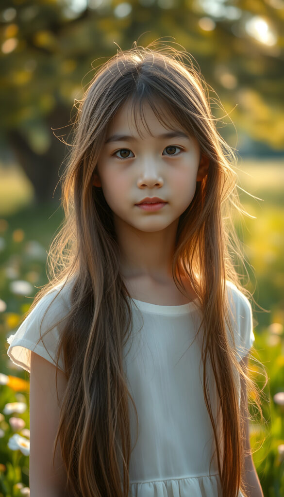 A captivating scene of a young girl named Yuna, embodying the essence of "Natural Beauty." She stands gracefully in a lush, spring meadow, her long, flowing hair cascading like a golden waterfall with the same length right and left.. Her youthful complexion glows with a warm, inviting radiance, and her perfectly detailed eyes sparkle with innocence. She wears a delicate, translucent t-shirt that highlights her slender frame and graceful posture. The setting is a vibrant spring landscape, with blooming flowers and soft, golden sunlight filtering through the trees, casting a dreamy, ethereal glow. The image is richly detailed, capturing the intricate texture of her hair and the intricate patterns on her dress, evoking a sense of serene beauty and wonder.