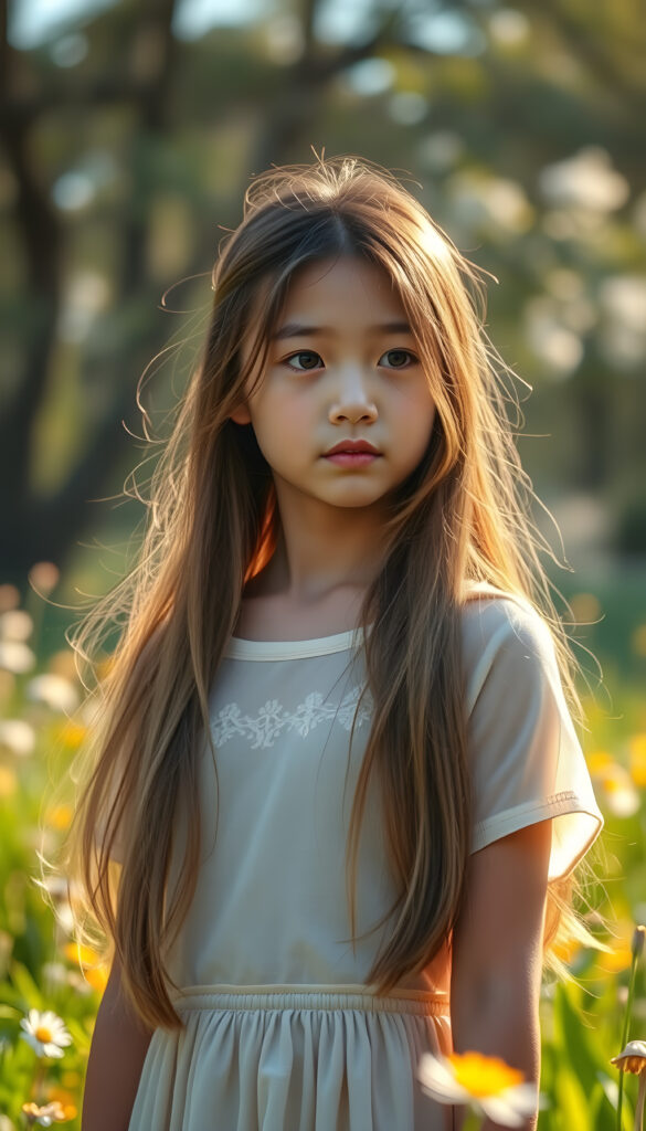 A captivating scene of a young girl named Yuna, embodying the essence of "Natural Beauty." She stands gracefully in a lush, spring meadow, her long, flowing hair cascading like a golden waterfall with the same length right and left.. Her youthful complexion glows with a warm, inviting radiance, and her perfectly detailed eyes sparkle with innocence. She wears a delicate, translucent t-shirt that highlights her slender frame and graceful posture. The setting is a vibrant spring landscape, with blooming flowers and soft, golden sunlight filtering through the trees, casting a dreamy, ethereal glow. The image is richly detailed, capturing the intricate texture of her hair and the intricate patterns on her dress, evoking a sense of serene beauty and wonder.