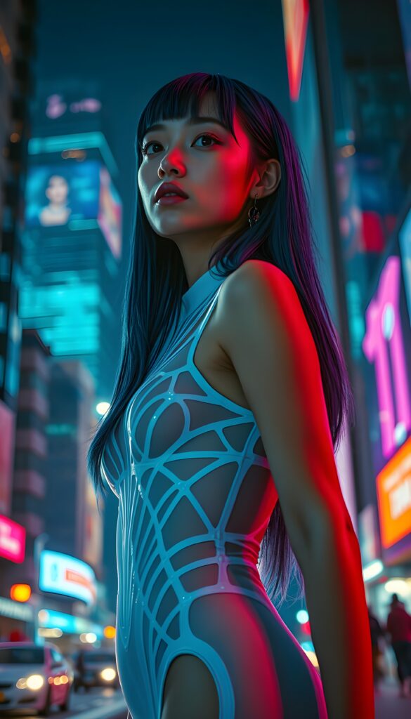 A captivating scene featuring a young woman in an intricate, futuristic white bodysuit that accentuates her graceful silhouette. Her straight, neon blue hair cascades down to her shoulders with delicate bangs framing her face. She stands in a vibrant, neon-lit cityscape at night, with glowing skyscrapers and holographic advertisements in the background. The lighting is dramatic, with a mix of cool and warm tones creating a striking contrast. Her expression is serene, as she gazes into the distance. The composition is dynamic, with a low-angle shot emphasizing her poised stance. The overall style is a blend of cyberpunk and elegant fashion, enhanced with vivid colors and detailed textures.