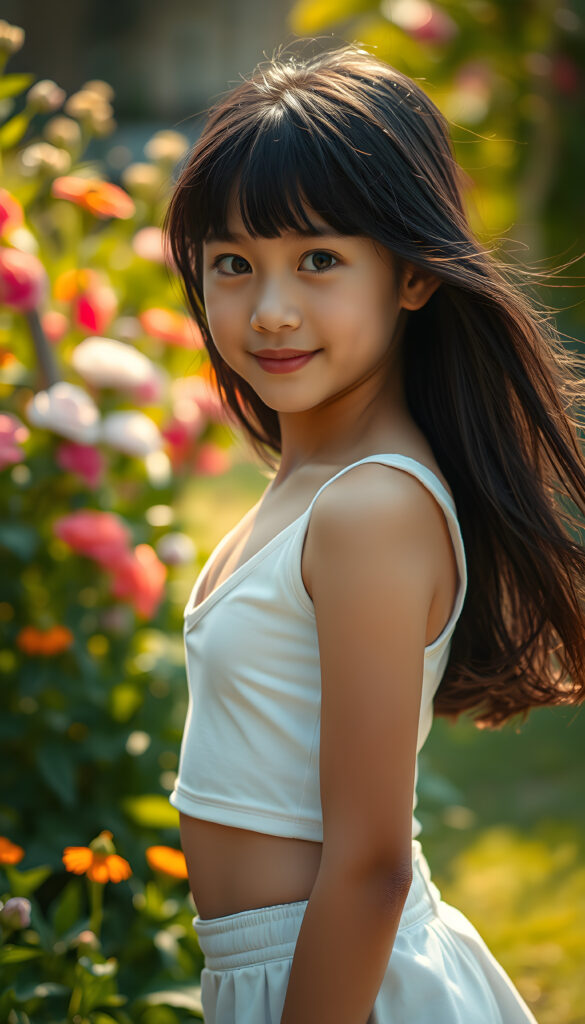 A captivating scene featuring a young girl with flowing jet-black hair that cascades down her back, her eyes wide and expressive, dressed in a plain, white cropped tank top, deep v-neck that subtly reveals her figure. The setting is an enchanting garden bathed in soft, golden sunlight, with vibrant flowers and lush greenery framing the composition. The girl stands confidently, her pose playful and graceful, her gaze directed towards the viewer with a warm, inviting smile. The lighting highlights her delicate features and the texture of her hair, creating a harmonious blend of realism and artistic flair. The overall atmosphere is serene and uplifting, ideal for a magical and imaginative portrayal.