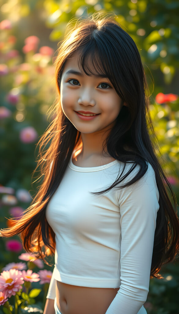 A captivating scene featuring a young girl with flowing jet-black hair that cascades down her back, her eyes wide and expressive, dressed in a plain, form-fitting white top that subtly reveals her figure. The setting is an enchanting garden bathed in soft, golden sunlight, with vibrant flowers and lush greenery framing the composition. The girl stands confidently, her pose playful and graceful, her gaze directed towards the viewer with a warm, inviting smile. The lighting highlights her delicate features and the texture of her hair, creating a harmonious blend of realism and artistic flair. The overall atmosphere is serene and uplifting, ideal for a magical and imaginative portrayal.
