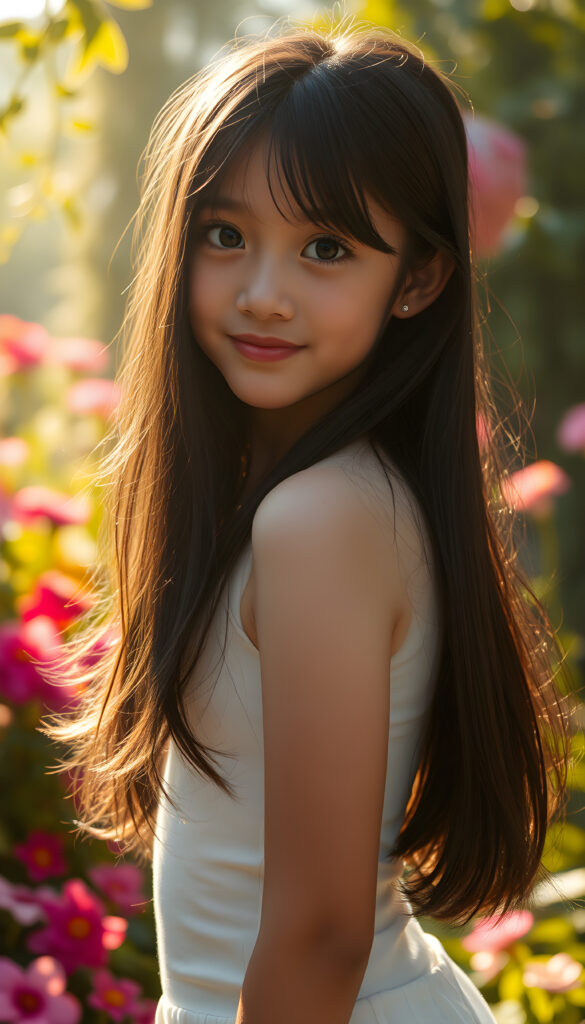 A captivating scene featuring a young girl with flowing jet-black hair that cascades down her back, her eyes wide and expressive, dressed in a plain, form-fitting white top that subtly reveals her figure. The setting is an enchanting garden bathed in soft, golden sunlight, with vibrant flowers and lush greenery framing the composition. The girl stands confidently, her pose playful and graceful, her gaze directed towards the viewer with a warm, inviting smile. The lighting highlights her delicate features and the texture of her hair, creating a harmonious blend of realism and artistic flair. The overall atmosphere is serene and uplifting, ideal for a magical and imaginative portrayal.