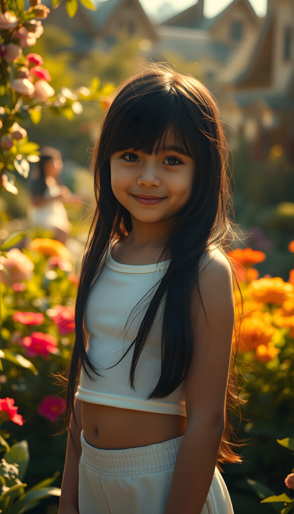 A captivating scene featuring a young girl with flowing jet-black hair that cascades down her back, her eyes wide and expressive, dressed in a plain, form-fitting white cropped tank top that subtly reveals her figure. The setting is an enchanting garden bathed in soft, golden sunlight, with vibrant flowers and lush greenery framing the composition. The girl stands confidently, her pose playful and graceful, her gaze directed towards the viewer with a warm, inviting smile. The lighting highlights her delicate features and the texture of her hair, creating a harmonious blend of realism and artistic flair. The overall atmosphere is serene and uplifting, ideal for a magical and imaginative portrayal.