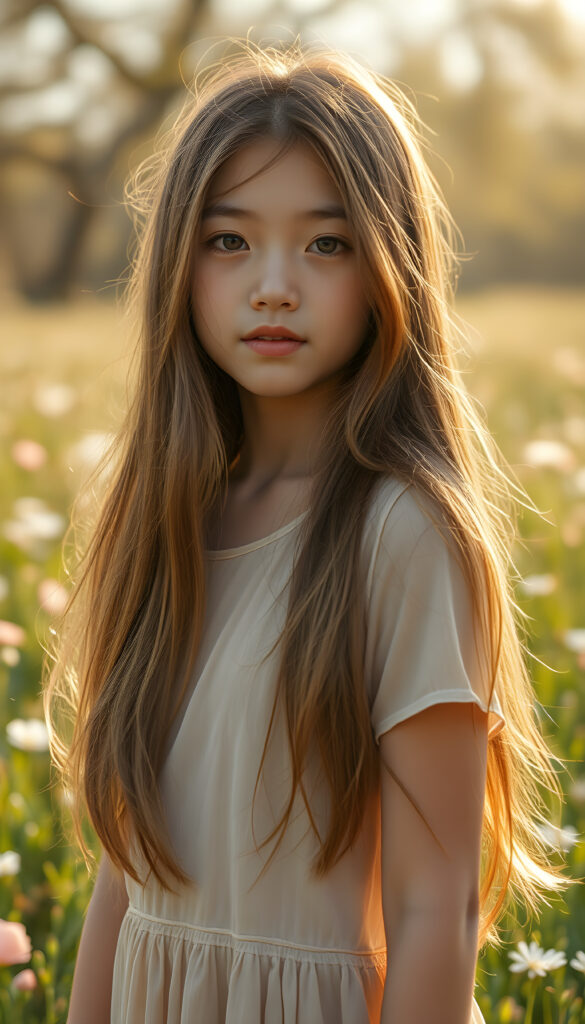 A captivating scene of a young girl named Yuna, embodying the essence of "Natural Beauty." She stands gracefully in a lush, spring meadow, her long, flowing hair cascading like a golden waterfall with the same length right and left.. Her youthful complexion glows with a warm, inviting radiance, and her perfectly detailed eyes sparkle with innocence. She wears a delicate, translucent t-shirt that highlights her slender frame and graceful posture. The setting is a vibrant spring landscape, with blooming flowers and soft, golden sunlight filtering through the trees, casting a dreamy, ethereal glow. The image is richly detailed, capturing the intricate texture of her hair and the intricate patterns on her dress, evoking a sense of serene beauty and wonder.