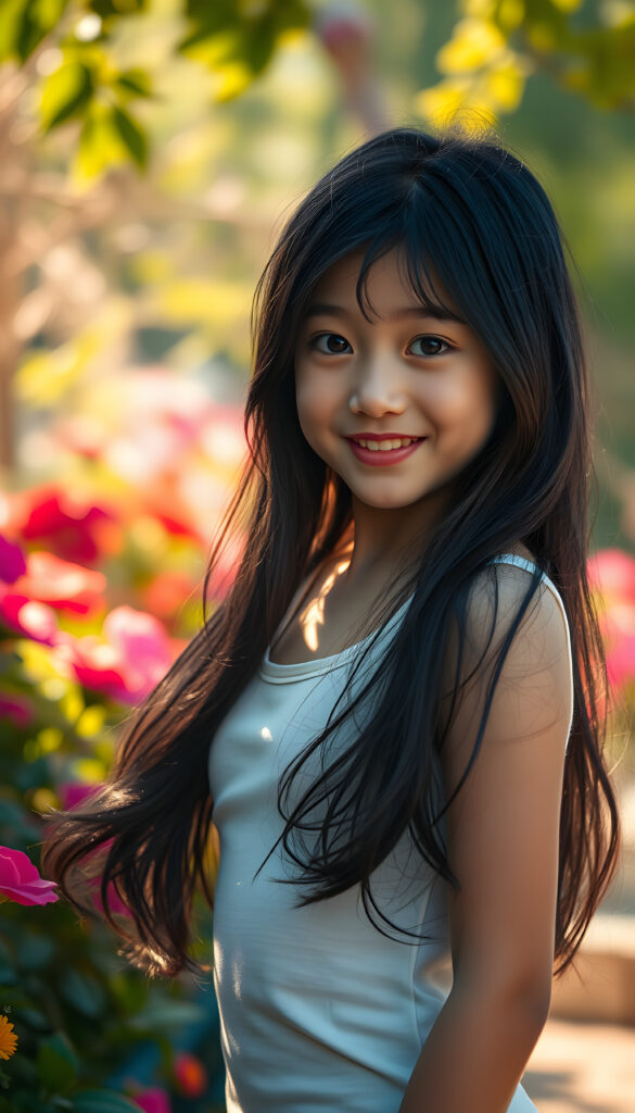A captivating scene featuring a young girl with flowing jet-black hair that cascades down her back, her eyes wide and expressive, dressed in a plain, form-fitting white top that subtly reveals her figure. The setting is an enchanting garden bathed in soft, golden sunlight, with vibrant flowers and lush greenery framing the composition. The girl stands confidently, her pose playful and graceful, her gaze directed towards the viewer with a warm, inviting smile. The lighting highlights her delicate features and the texture of her hair, creating a harmonious blend of realism and artistic flair. The overall atmosphere is serene and uplifting, ideal for a magical and imaginative portrayal.