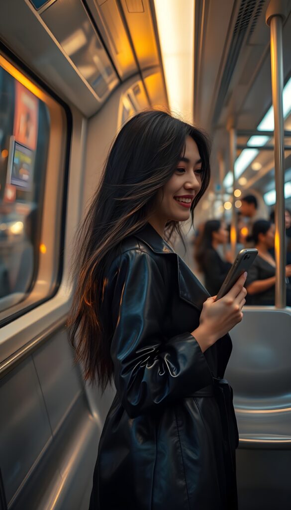 A captivating scene on a futuristic subway train features a 20-something woman with long, flowing dark hair, exuding confidence and elegance. She's elegantly dressed in a sleek, black leather trench coat that accentuates her feminine figure. Her delicate East Asian features are beautifully highlighted by the warm, golden lighting, casting a soft glow on her joyful smile as she stares intently at her smartphone. The subway interior is sleek and modern, with sleek gray seats and a large window revealing a bustling cityscape. She stands, and the reflection in the window shows other passengers in a blur, adding to the dynamic atmosphere. The composition is vibrant, with a blend of natural and artificial lighting, creating a harmonious and intriguing visual experience, side view