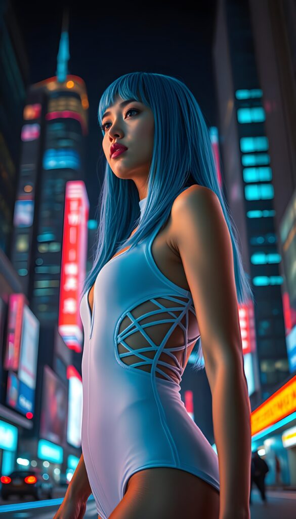 A captivating scene featuring a young woman in an intricate, futuristic white bodysuit that accentuates her graceful silhouette. Her straight, neon blue hair cascades down to her shoulders with delicate bangs framing her face. She stands in a vibrant, neon-lit cityscape at night, with glowing skyscrapers and holographic advertisements in the background. The lighting is dramatic, with a mix of cool and warm tones creating a striking contrast. Her expression is serene, as she gazes into the distance. The composition is dynamic, with a low-angle shot emphasizing her poised stance. The overall style is a blend of cyberpunk and elegant fashion, enhanced with vivid colors and detailed textures.