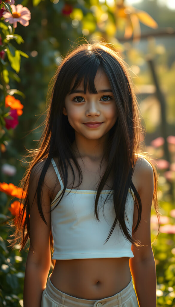 A captivating scene featuring a young girl with flowing jet-black hair that cascades down her back, her eyes wide and expressive, dressed in a plain, form-fitting white cropped tank top that subtly reveals her figure. The setting is an enchanting garden bathed in soft, golden sunlight, with vibrant flowers and lush greenery framing the composition. The girl stands confidently, her pose playful and graceful, her gaze directed towards the viewer with a warm, inviting smile. The lighting highlights her delicate features and the texture of her hair, creating a harmonious blend of realism and artistic flair. The overall atmosphere is serene and uplifting, ideal for a magical and imaginative portrayal.