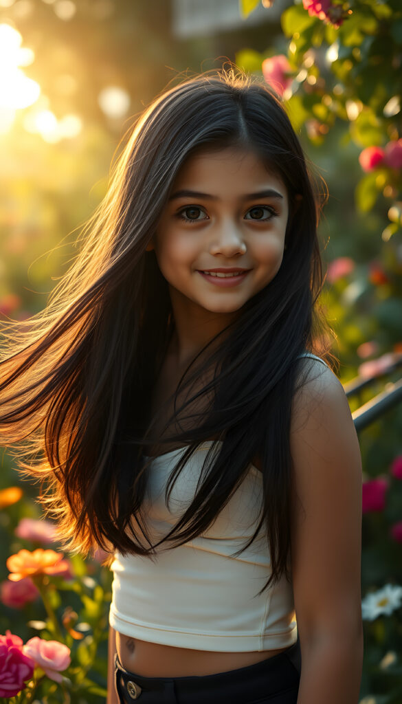 A captivating scene featuring a young girl with flowing jet-black hair that cascades down her back, her eyes wide and expressive, dressed in a plain, form-fitting white top that subtly reveals her figure. The setting is an enchanting garden bathed in soft, golden sunlight, with vibrant flowers and lush greenery framing the composition. The girl stands confidently, her pose playful and graceful, her gaze directed towards the viewer with a warm, inviting smile. The lighting highlights her delicate features and the texture of her hair, creating a harmonious blend of realism and artistic flair. The overall atmosphere is serene and uplifting, ideal for a magical and imaginative portrayal.