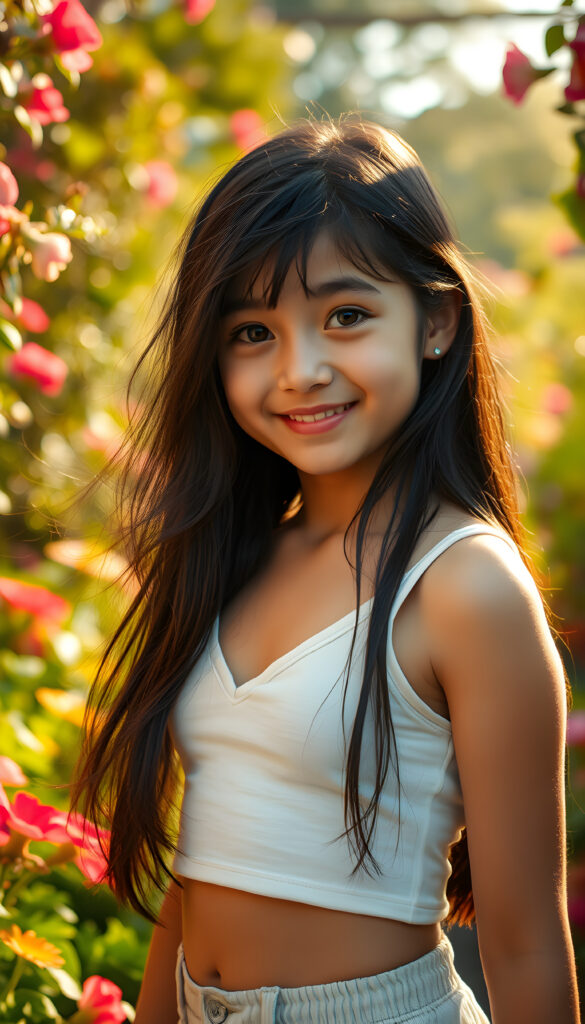 A captivating scene featuring a young girl with flowing jet-black hair that cascades down her back, her eyes wide and expressive, dressed in a plain, white cropped tank top, deep v-neck that subtly reveals her figure. The setting is an enchanting garden bathed in soft, golden sunlight, with vibrant flowers and lush greenery framing the composition. The girl stands confidently, her pose playful and graceful, her gaze directed towards the viewer with a warm, inviting smile. The lighting highlights her delicate features and the texture of her hair, creating a harmonious blend of realism and artistic flair. The overall atmosphere is serene and uplifting, ideal for a magical and imaginative portrayal.