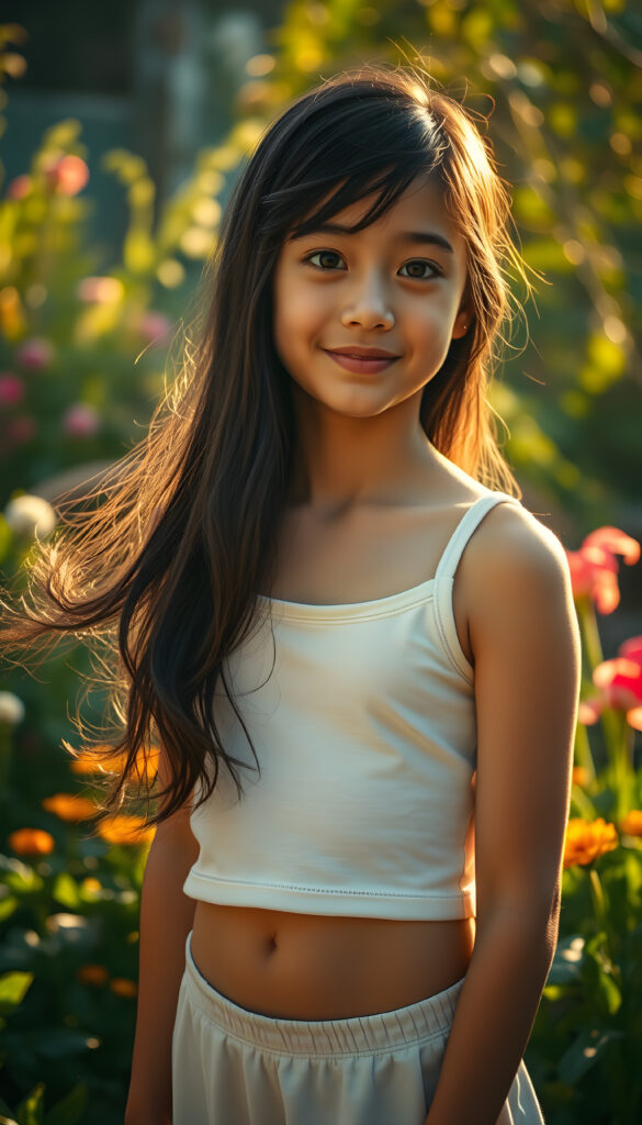 A captivating scene featuring a young girl with flowing jet-black hair that cascades down her back, her eyes wide and expressive, dressed in a plain, form-fitting white cropped tank top that subtly reveals her figure. The setting is an enchanting garden bathed in soft, golden sunlight, with vibrant flowers and lush greenery framing the composition. The girl stands confidently, her pose playful and graceful, her gaze directed towards the viewer with a warm, inviting smile. The lighting highlights her delicate features and the texture of her hair, creating a harmonious blend of realism and artistic flair. The overall atmosphere is serene and uplifting, ideal for a magical and imaginative portrayal.