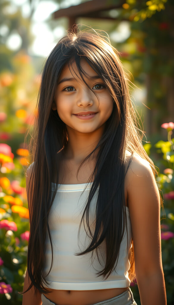 A captivating scene featuring a young girl with flowing jet-black hair that cascades down her back, her eyes wide and expressive, dressed in a plain, form-fitting white cropped tank top that subtly reveals her figure. The setting is an enchanting garden bathed in soft, golden sunlight, with vibrant flowers and lush greenery framing the composition. The girl stands confidently, her pose playful and graceful, her gaze directed towards the viewer with a warm, inviting smile. The lighting highlights her delicate features and the texture of her hair, creating a harmonious blend of realism and artistic flair. The overall atmosphere is serene and uplifting, ideal for a magical and imaginative portrayal.