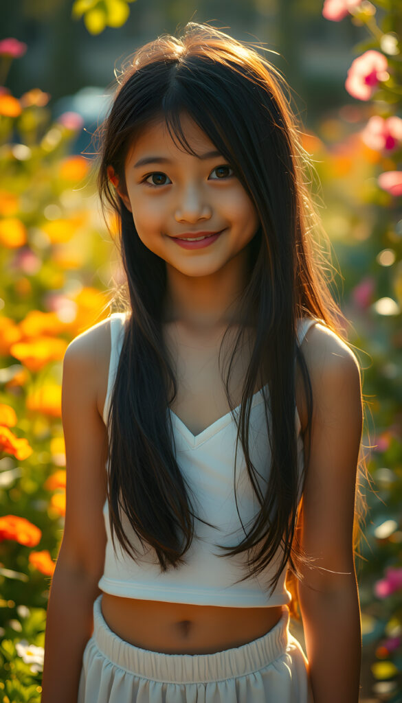 A captivating scene featuring a young girl with flowing jet-black hair that cascades down her back, her eyes wide and expressive, dressed in a plain, white cropped tank top, deep v-neck that subtly reveals her figure. The setting is an enchanting garden bathed in soft, golden sunlight, with vibrant flowers and lush greenery framing the composition. The girl stands confidently, her pose playful and graceful, her gaze directed towards the viewer with a warm, inviting smile. The lighting highlights her delicate features and the texture of her hair, creating a harmonious blend of realism and artistic flair. The overall atmosphere is serene and uplifting, ideal for a magical and imaginative portrayal.