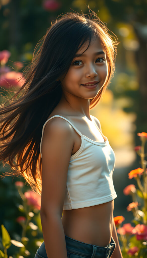 A captivating scene featuring a young girl with flowing jet-black hair that cascades down her back, her eyes wide and expressive, dressed in a plain, form-fitting white cropped tank top that subtly reveals her figure. The setting is an enchanting garden bathed in soft, golden sunlight, with vibrant flowers and lush greenery framing the composition. The girl stands confidently, her pose playful and graceful, her gaze directed towards the viewer with a warm, inviting smile. The lighting highlights her delicate features and the texture of her hair, creating a harmonious blend of realism and artistic flair. The overall atmosphere is serene and uplifting, ideal for a magical and imaginative portrayal.