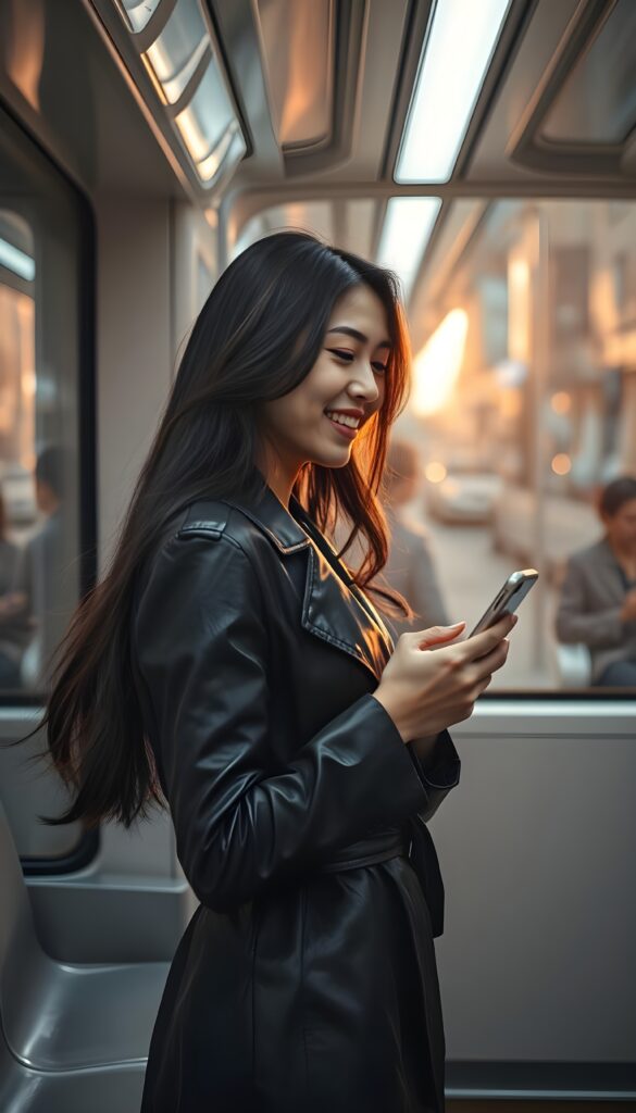 A captivating scene on a futuristic subway train features a 20-something woman with long, flowing dark hair, exuding confidence and elegance. She's elegantly dressed in a sleek, black leather trench coat that accentuates her feminine figure. Her delicate East Asian features are beautifully highlighted by the warm, golden lighting, casting a soft glow on her joyful smile as she stares intently at her smartphone. The subway interior is sleek and modern, with sleek gray seats and a large window revealing a bustling cityscape. She stands, and the reflection in the window shows other passengers in a blur, adding to the dynamic atmosphere. The composition is vibrant, with a blend of natural and artificial lighting, creating a harmonious and intriguing visual experience, side view