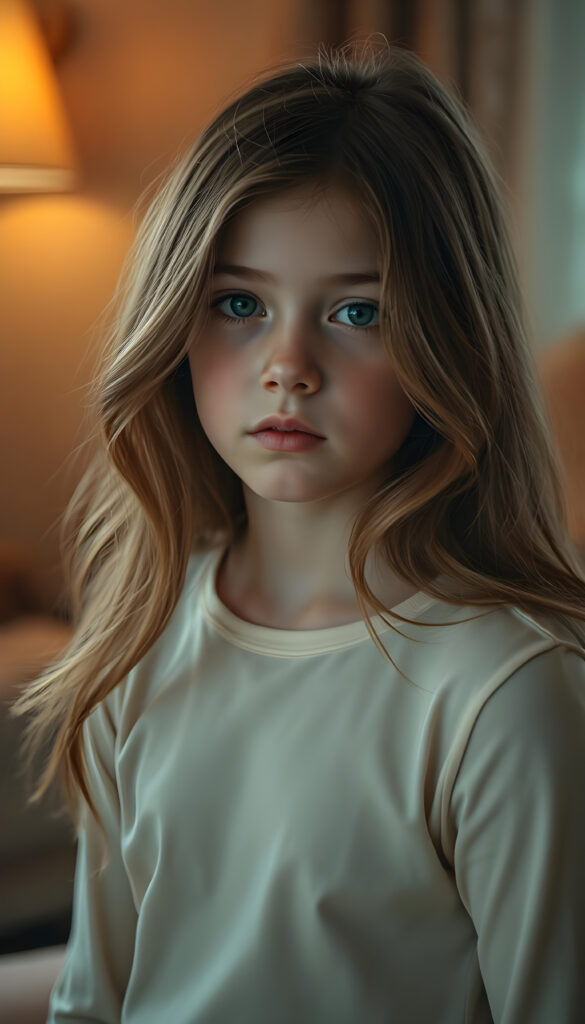 A captivating young girl with flowing, auburn hair that cascades over her shoulders in soft, elegant waves. Her eyes are a luminous sky blue mixed with honey light brown, clear and expressive, standing out against her smooth, porcelain skin. She wears a light cream-colored top, subtly contrasting with the warm tones of her hair. The lighting is soft and diffused, creating a dreamy, intimate atmosphere. The background is gently blurred, with warm, muted colors suggesting a refined, cozy interior. The overall mood is serene and introspective, a quiet, tender moment frozen in time, evoking a sense of gentle melancholy and depth.