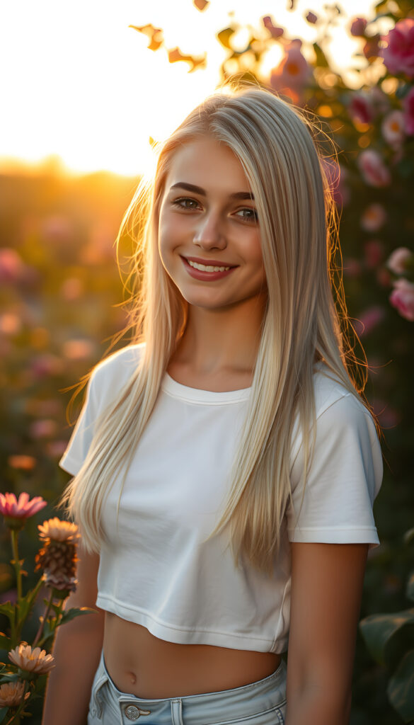 A captivating young well busty teen girl with straight, platinum-blonde hair, her skin glowing with an ethereal radiance, and a warm, enchanting smile, her eyes shimmering with wisdom and grace, standing gracefully amidst a vibrant garden of blooming flowers under a golden sunset sky, with soft, magical light illuminating her figure, creating a serene and dreamlike atmosphere, she wears a short cropped white t-shirt