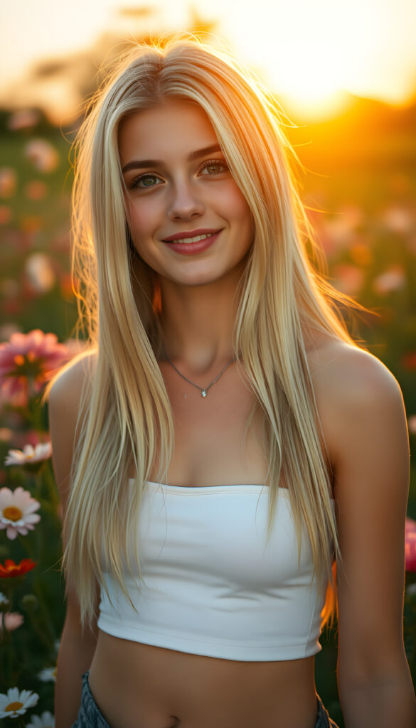 A captivating young well busty teen girl with straight, platinum-blonde hair, her skin glowing with an ethereal radiance, and a warm, enchanting smile, her eyes shimmering with wisdom and grace, standing gracefully amidst a vibrant garden of blooming flowers under a golden sunset sky, with soft, magical light illuminating her figure, creating a serene and dreamlike atmosphere, she wears a short cropped white spaghetti tank top, deep neck, perfect belly button