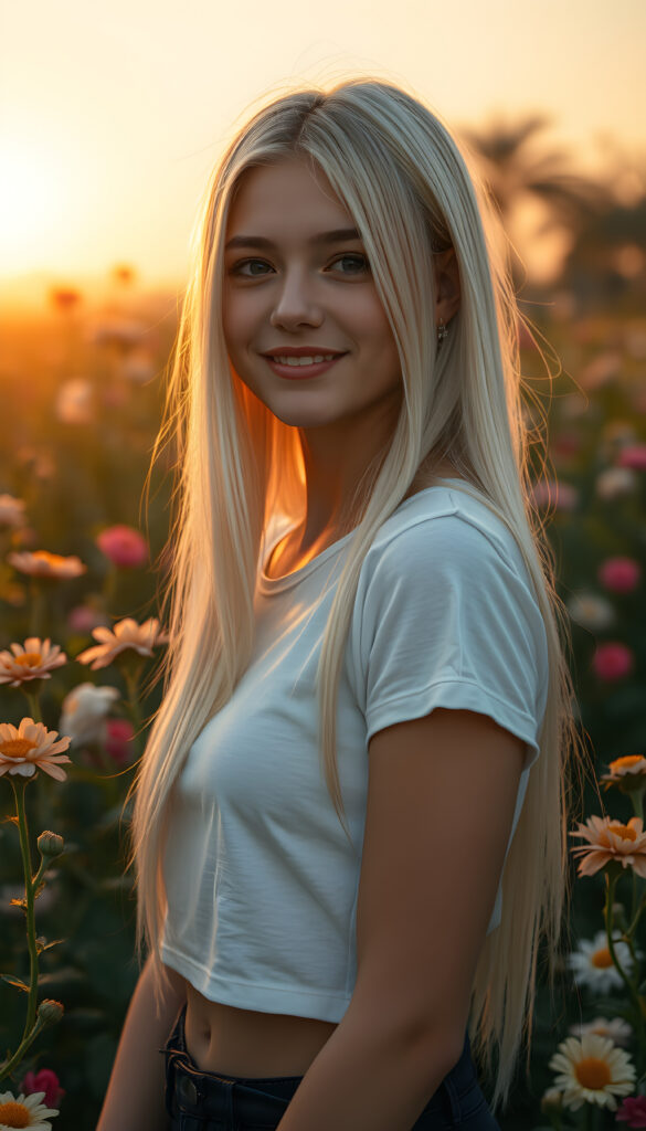 A captivating young well busty teen girl with straight, platinum-blonde hair, her skin glowing with an ethereal radiance, and a warm, enchanting smile, her eyes shimmering with wisdom and grace, standing gracefully amidst a vibrant garden of blooming flowers under a golden sunset sky, with soft, magical light illuminating her figure, creating a serene and dreamlike atmosphere, she wears a short cropped white t-shirt