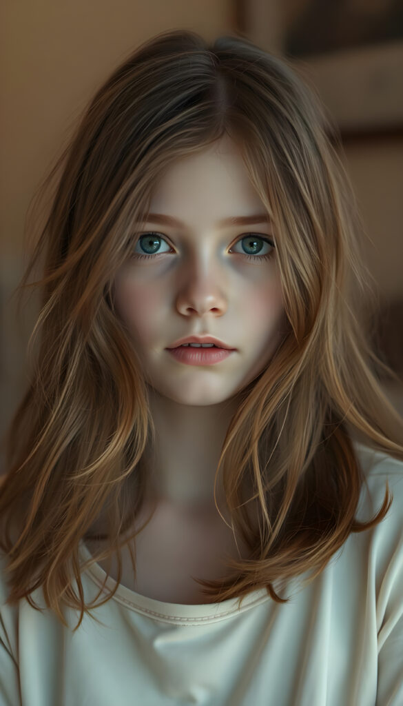 A captivating young girl with flowing, auburn hair that cascades over her shoulders in soft, elegant waves. Her eyes are a luminous sky blue mixed with honey light brown, clear and expressive, standing out against her smooth, porcelain skin. She wears a light cream-colored top, subtly contrasting with the warm tones of her hair. The lighting is soft and diffused, creating a dreamy, intimate atmosphere. The background is gently blurred, with warm, muted colors suggesting a refined, cozy interior. The overall mood is serene and introspective, a quiet, tender moment frozen in time, evoking a sense of gentle melancholy and depth.