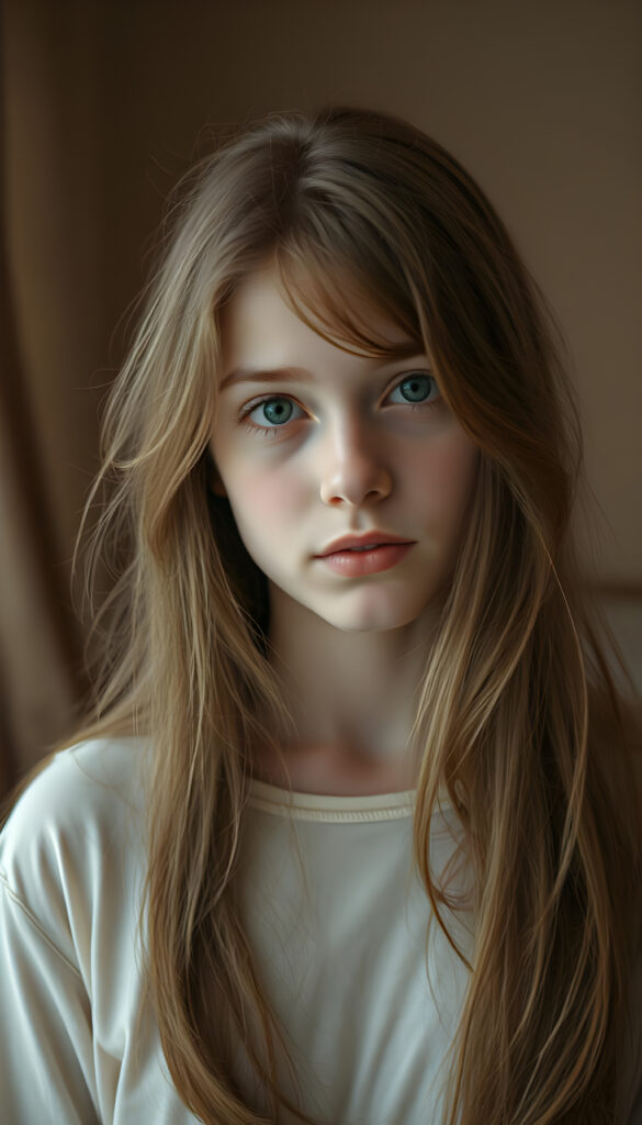 A captivating young girl with flowing, auburn hair that cascades over her shoulders in soft, elegant waves. Her eyes are a luminous sky blue mixed with honey light brown, clear and expressive, standing out against her smooth, porcelain skin. She wears a light cream-colored top, subtly contrasting with the warm tones of her hair. The lighting is soft and diffused, creating a dreamy, intimate atmosphere. The background is gently blurred, with warm, muted colors suggesting a refined, cozy interior. The overall mood is serene and introspective, a quiet, tender moment frozen in time, evoking a sense of gentle melancholy and depth.