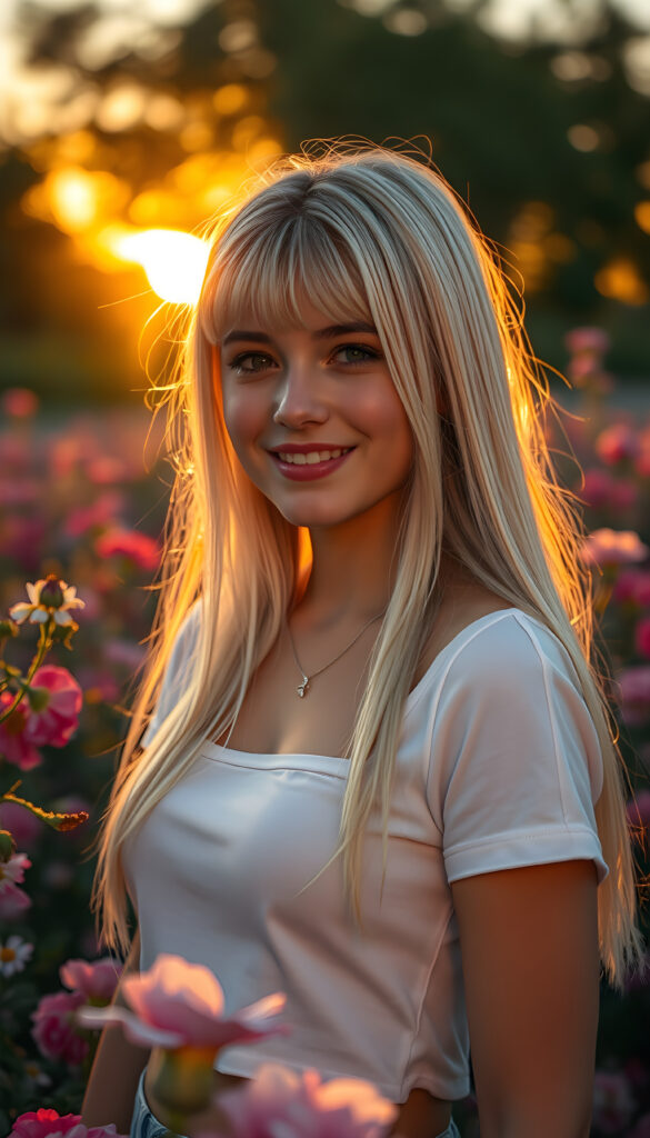 A captivating young well busty teen girl with straight, platinum-blonde hair, her skin glowing with an ethereal radiance, and a warm, enchanting smile, her eyes shimmering with wisdom and grace, standing gracefully amidst a vibrant garden of blooming flowers under a golden sunset sky, with soft, magical light illuminating her figure, creating a serene and dreamlike atmosphere, she wears a short cropped white t-shirt