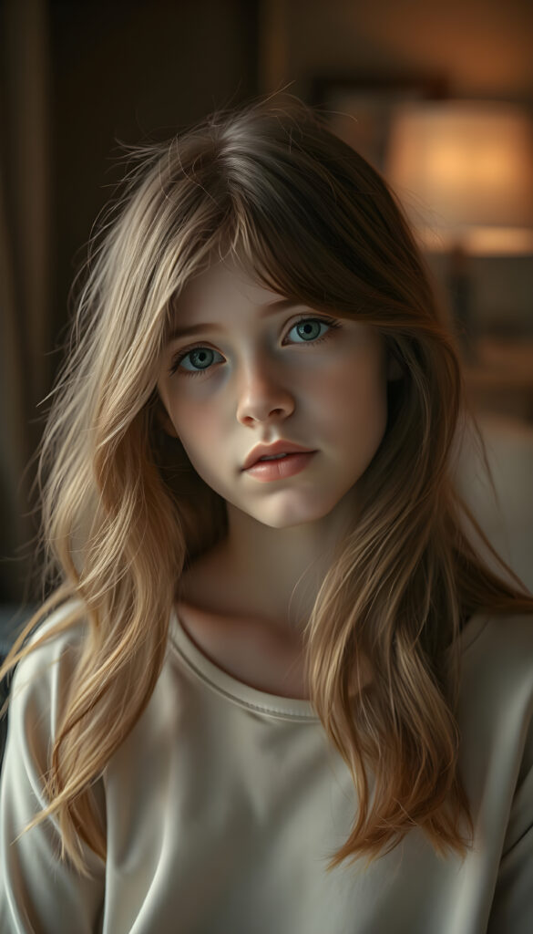 A captivating young girl with flowing, auburn hair that cascades over her shoulders in soft, elegant waves. Her eyes are a luminous sky blue mixed with honey light brown, clear and expressive, standing out against her smooth, porcelain skin. She wears a light cream-colored top, subtly contrasting with the warm tones of her hair. The lighting is soft and diffused, creating a dreamy, intimate atmosphere. The background is gently blurred, with warm, muted colors suggesting a refined, cozy interior. The overall mood is serene and introspective, a quiet, tender moment frozen in time, evoking a sense of gentle melancholy and depth.