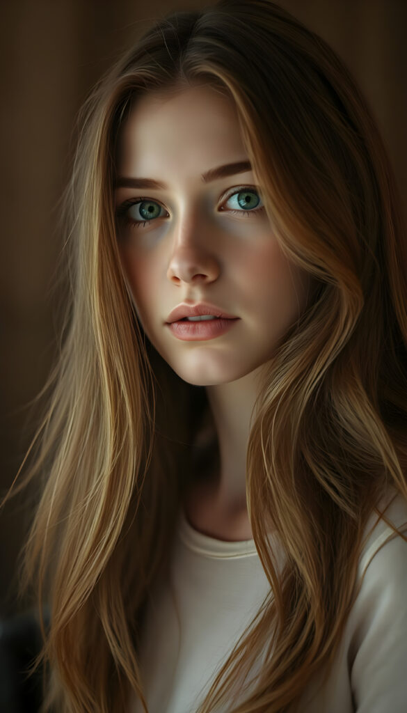 A captivating young woman with flowing, auburn hair that cascades over her shoulders in soft, elegant waves. Her eyes are a luminous sky blue mixed with honey light brown, clear and expressive, standing out against her smooth, porcelain skin. She wears a light cream-colored top, subtly contrasting with the warm tones of her hair. The lighting is soft and diffused, creating a dreamy, intimate atmosphere. The background is gently blurred, with warm, muted colors suggesting a refined, cozy interior. The overall mood is serene and introspective, a quiet, tender moment frozen in time, evoking a sense of gentle melancholy and depth.