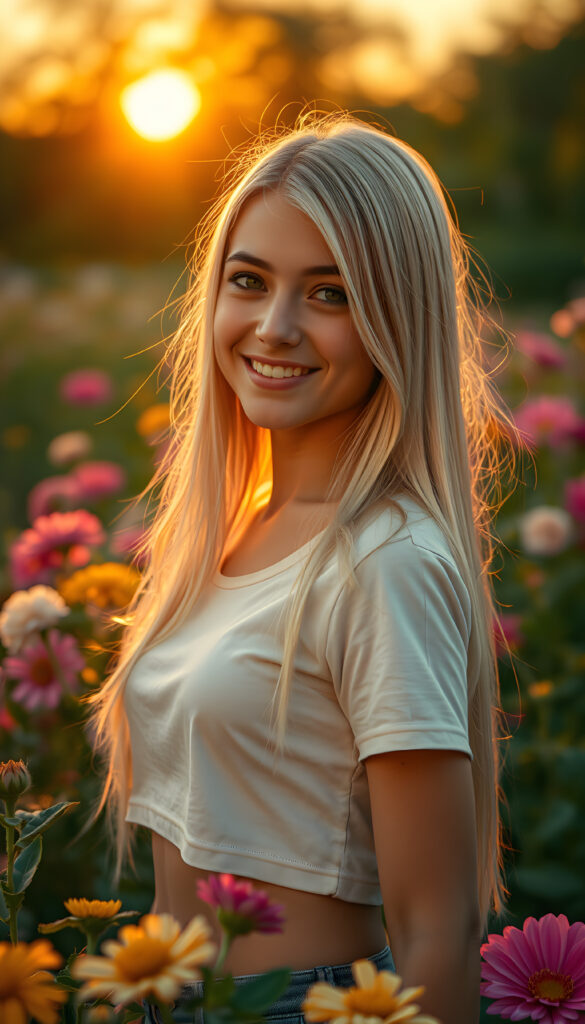 A captivating young well busty teen girl with straight, platinum-blonde hair, her skin glowing with an ethereal radiance, and a warm, enchanting smile, her eyes shimmering with wisdom and grace, standing gracefully amidst a vibrant garden of blooming flowers under a golden sunset sky, with soft, magical light illuminating her figure, creating a serene and dreamlike atmosphere, she wears a short cropped white t-shirt